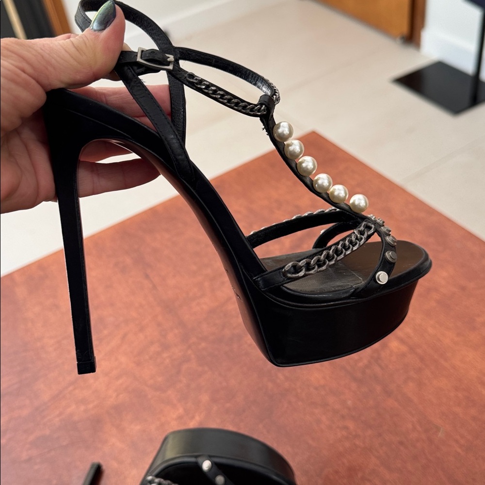 Saint Laurent Paris Pearl and Chain Black Stiletto Platform Sandals Sz 6.5 - Picture 6 of 8